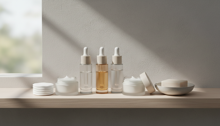Eye-level view of skincare bottles arranged on a bathroom shelf