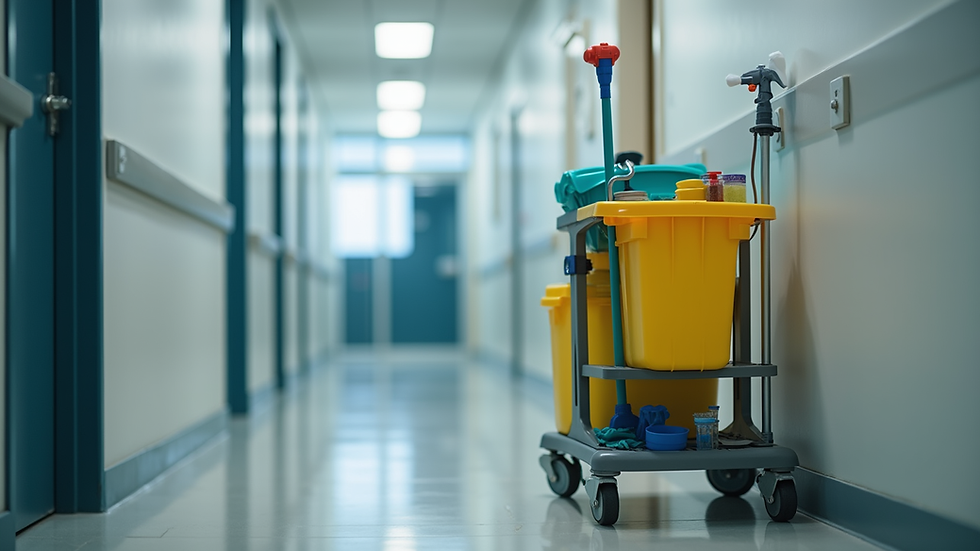 Close-up view of cleaning equipment and supplies on a cart in an office hallway