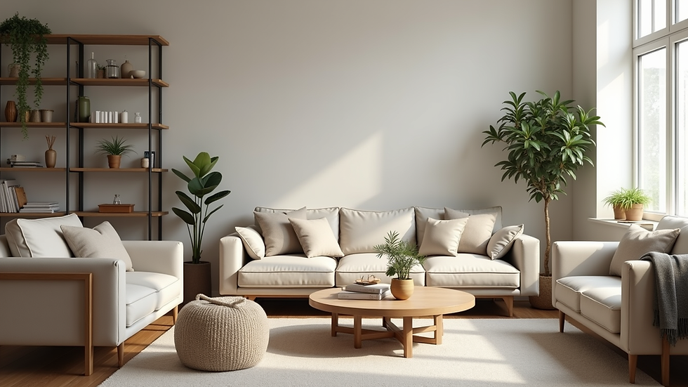 Eye-level view of a tidy living room with organized furniture