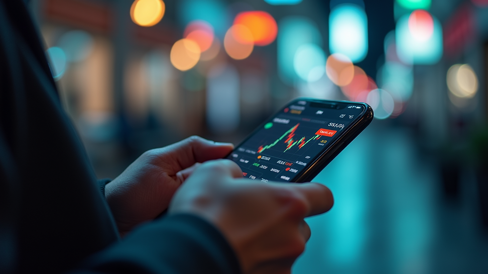 Tampilan close-up smartphone yang menampilkan aplikasi perdagangan saham