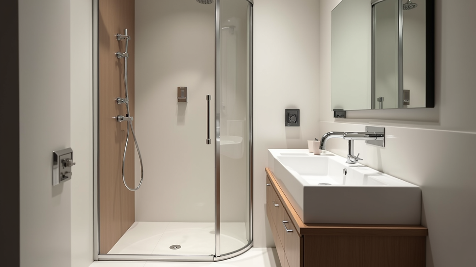 Vue rapprochée d'une petite salle de bain avec lavabo d'angle et porte coulissante