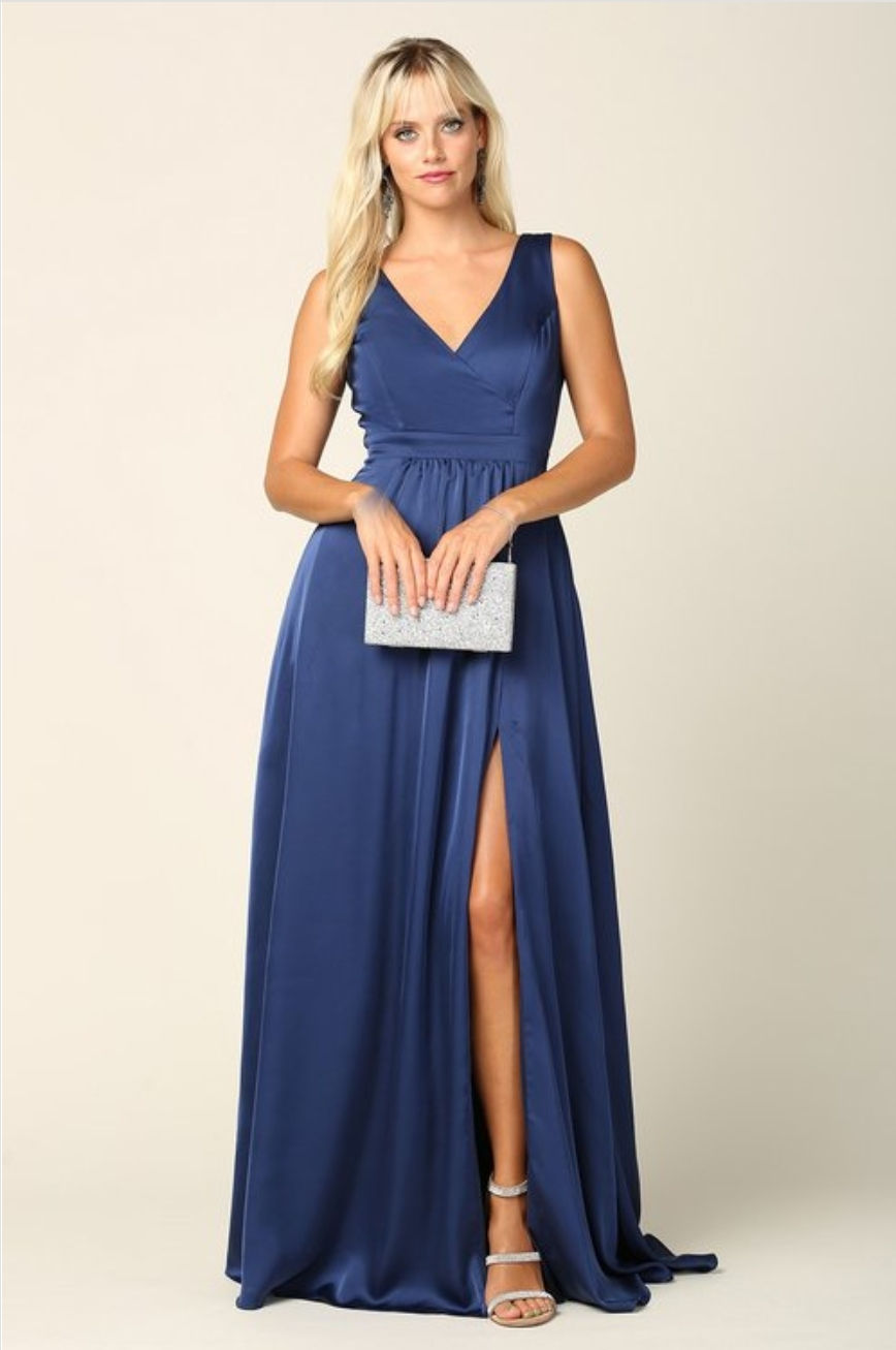 Thumbnail: Satin A Line Dress Thigh High Slit