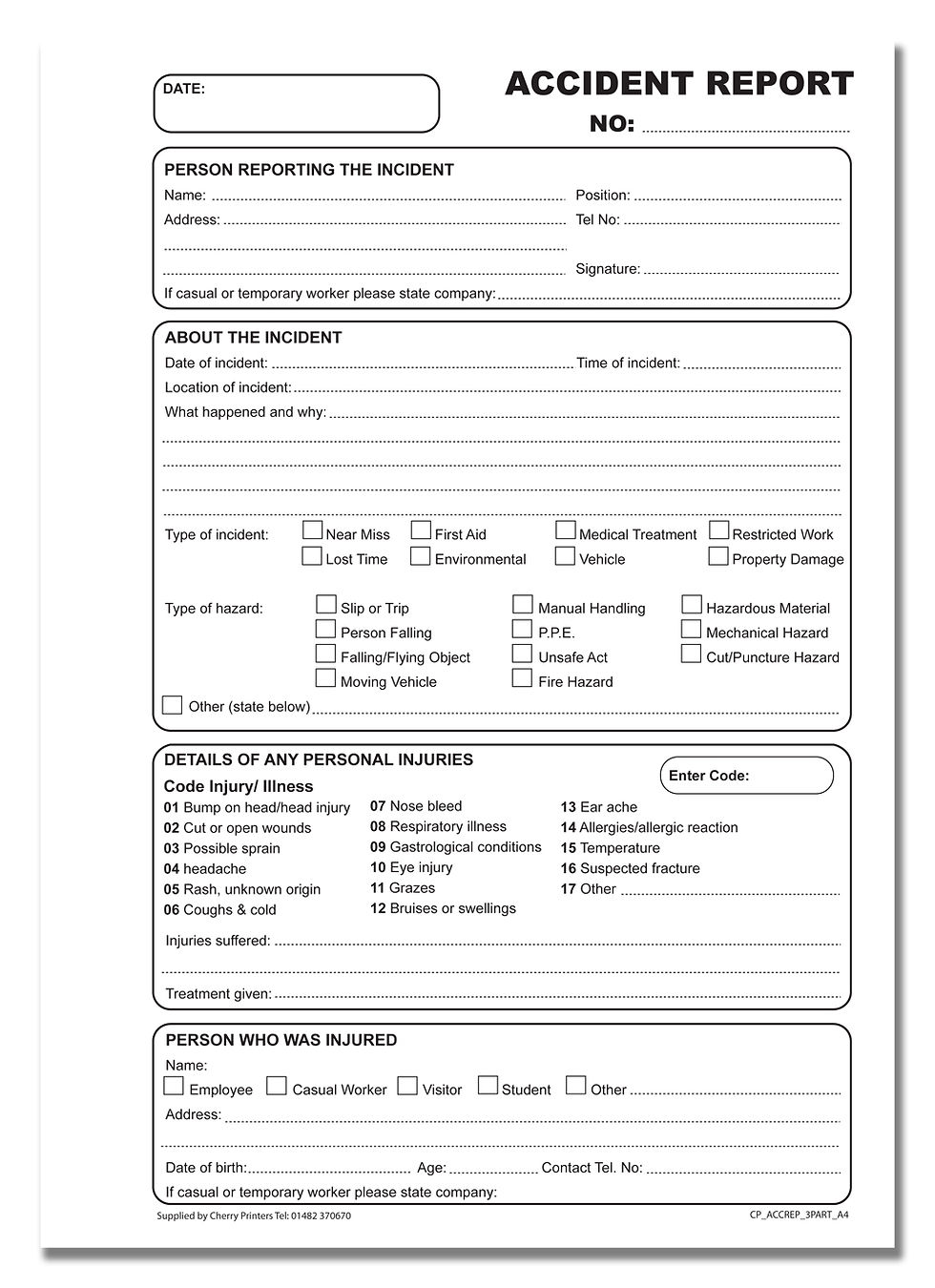 Thumbnail: Cherry Printers Accident Report Triplicate NCR Book A4 Inner