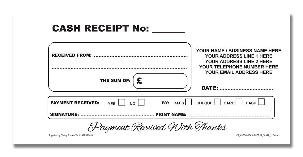 Thumbnail: Cherry Printers Custom Cash Receipt Duplicate NCR 99mm x 210mm Personalised Inner