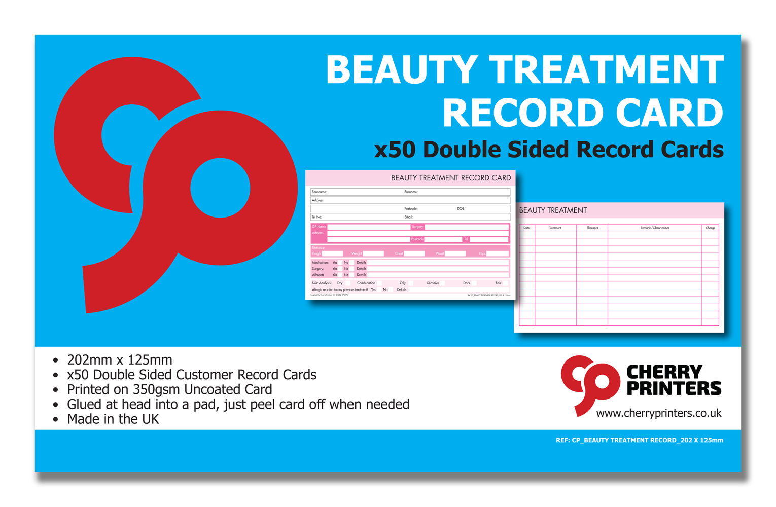 Beauty Treatment Record / Medical Card Pad 202mm x 125mm 50pages 350gsm