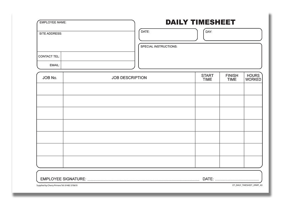Thumbnail: Cherry Printers NCR Daily Timesheet / Hours Worked A5 Duplicate Book