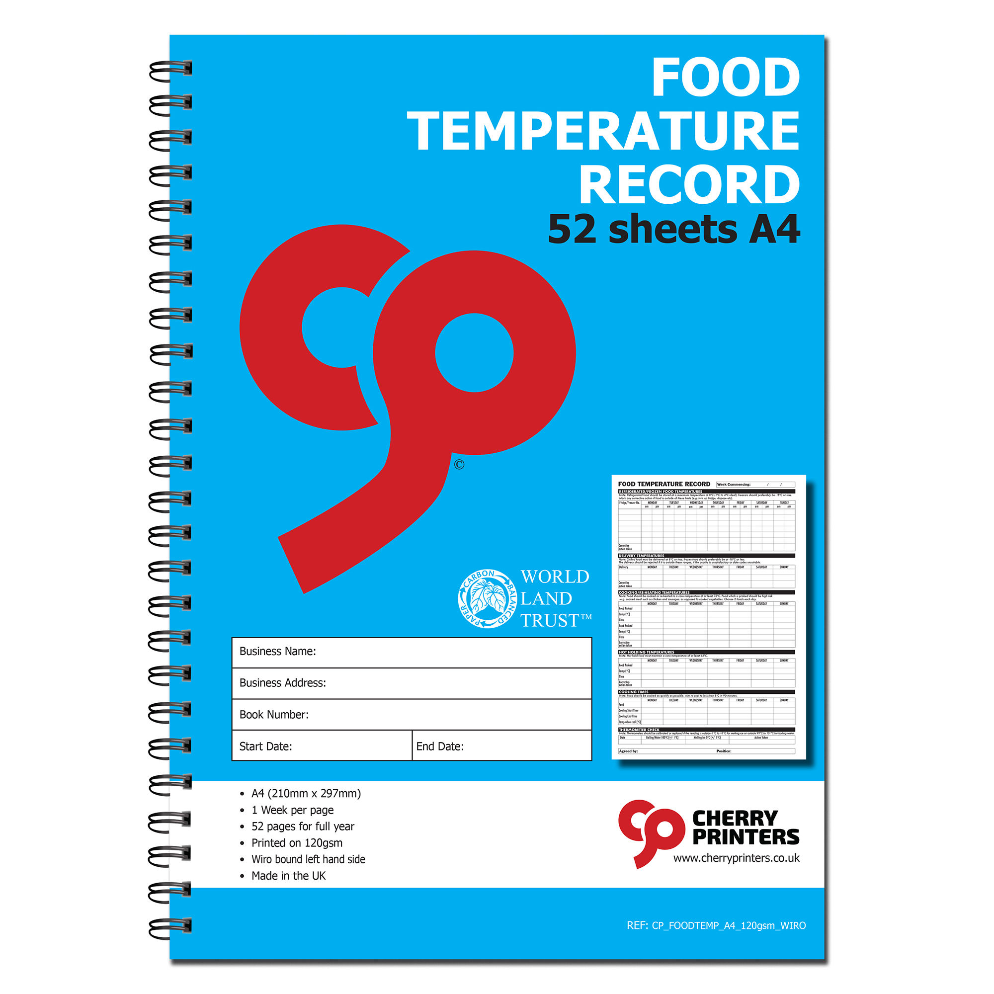 Food Temperature Record Book 52 Pages Wirobound A4 120gsm