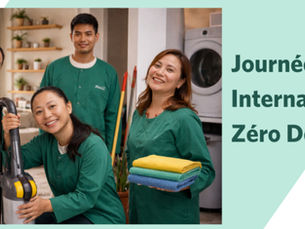 L'équipe MAGE en uniforme vert célébrant la Journée Internationale Zéro Déchet avec leur matériel professionnel.