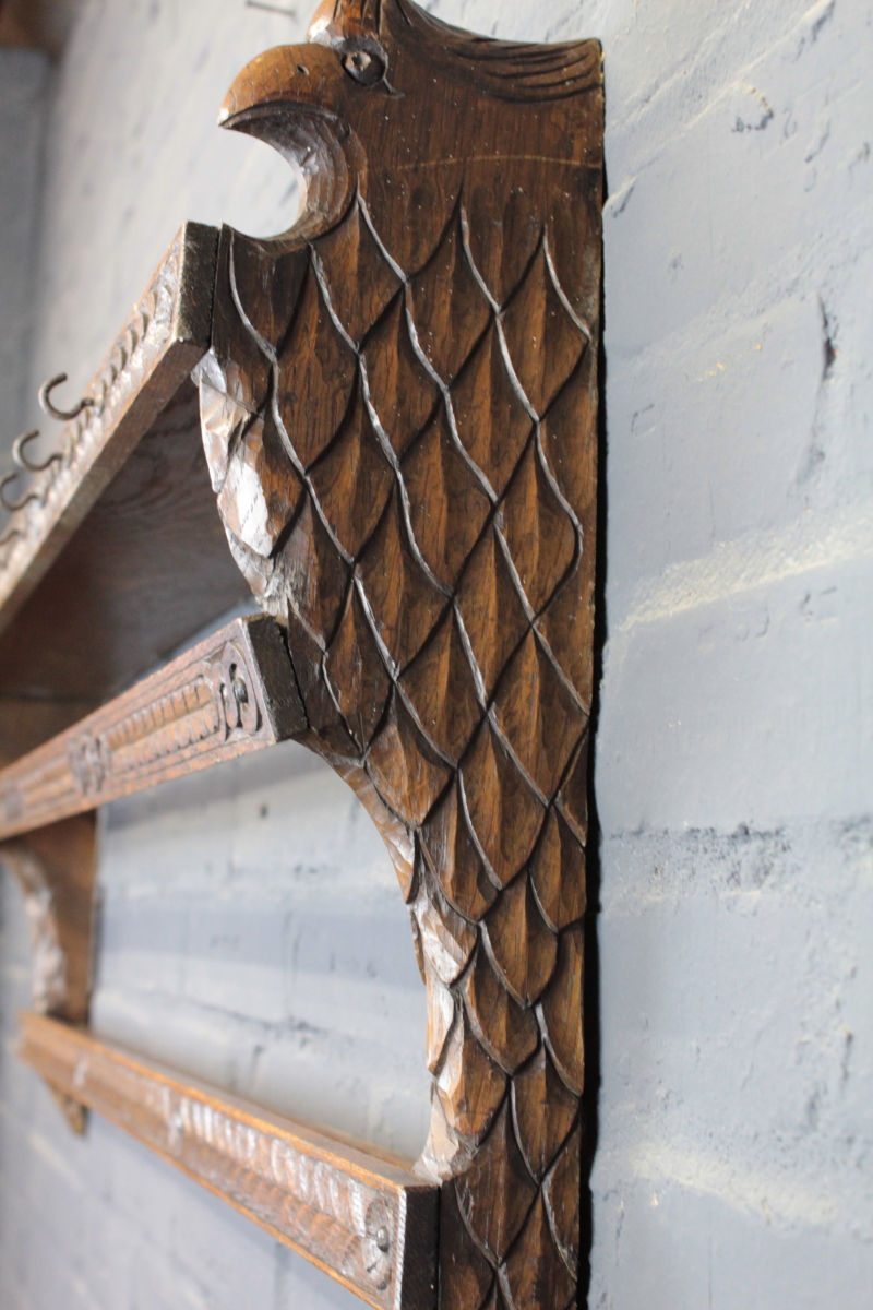 Thumbnail: Carved Oak Wall Shelf Hook Rack