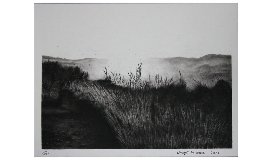 Black and white charcoal drawing. 