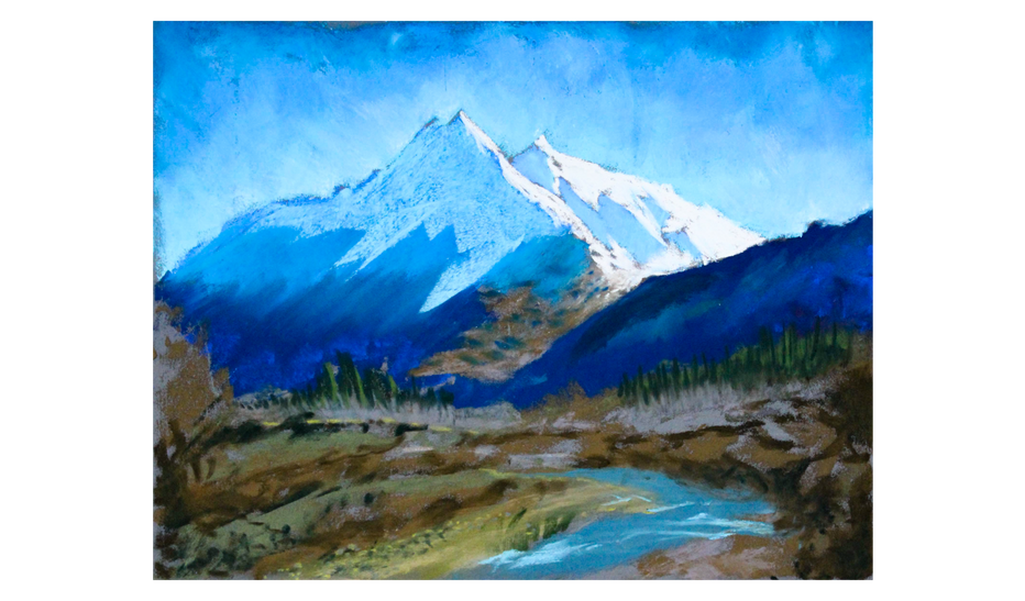 Painting of a snow-capped mountain from the valley below, with a river snaking through the foreground and blue sky above.