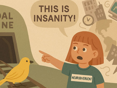 Illustration of a young neurodivergent child pointing at a chaotic world with a coal mine and canary in the background, symbolising burnout and systemic failure.