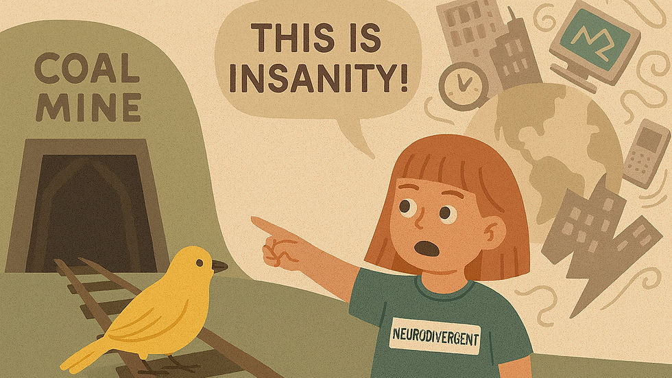 Illustration of a young neurodivergent child pointing at a chaotic world with a coal mine and canary in the background, symbolising burnout and systemic failure.