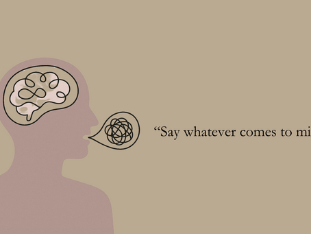 “Minimalist illustration of a human profile with a stylised brain and a speech bubble containing a scribble, symbolising unfiltered thought. The text reads: ‘Say whatever comes to mind…’”