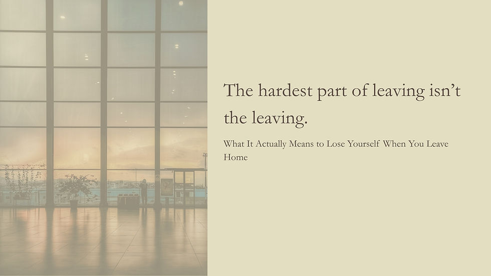 A lone figure stands at an airport window at dusk, looking out. Interior photography for a blog post on the psychology of relocation and identity loss.