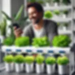 A happy hydro-gardener with thriving plants, looking at the app on his phone