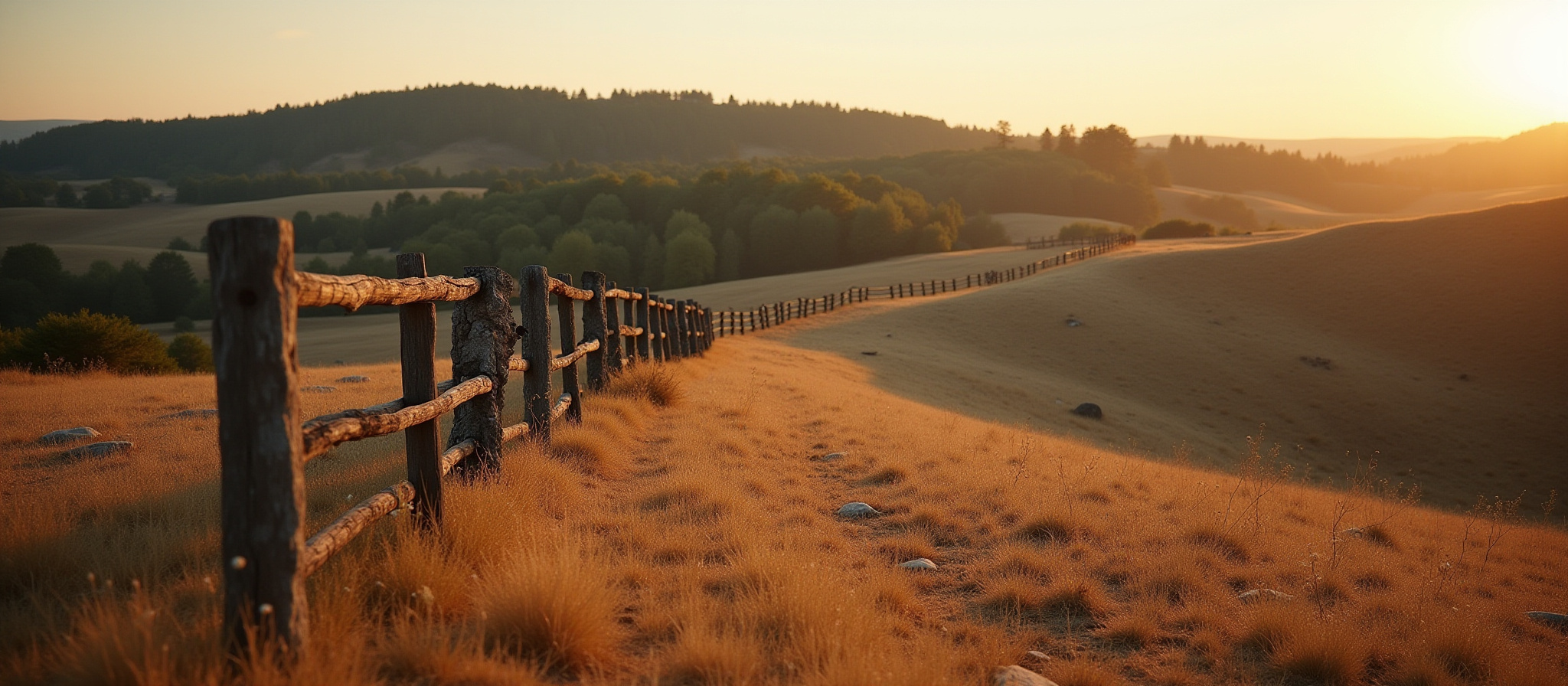 Rustic wooden fence along rolling dry hills at golden sunset light.