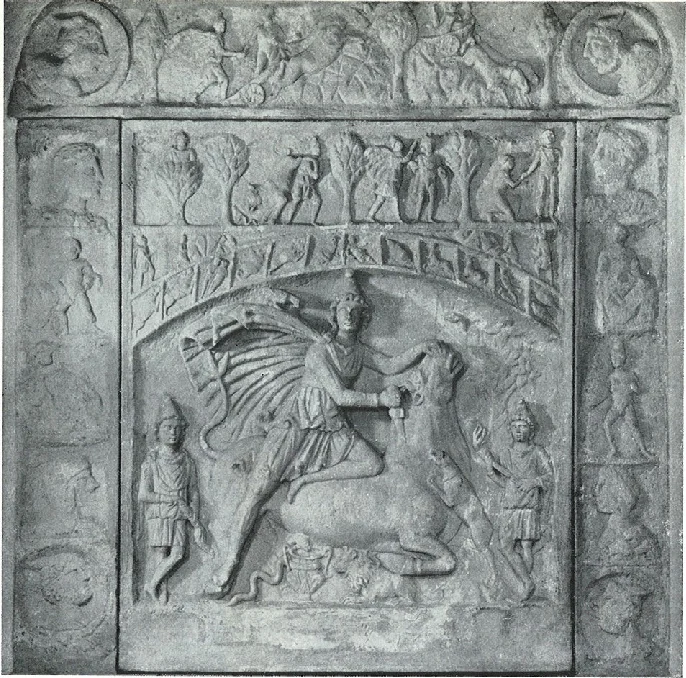 Inscription of Mithra slaying the Cosmic Bull, and 2 pillars with the 12 signs of the Zodiac along them.