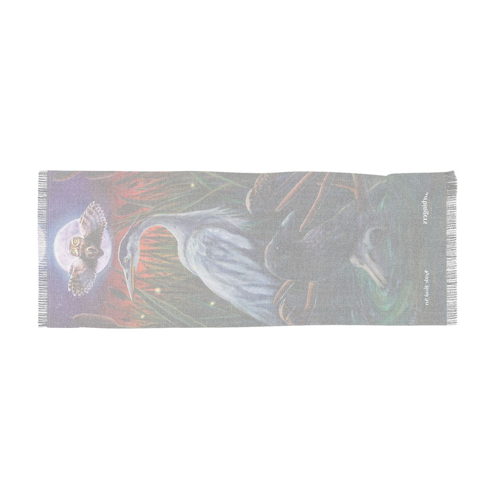 Thumbnail: The Harbingers Art Scarf -Heron & Owl – Mystical Night Wildlife Wrap