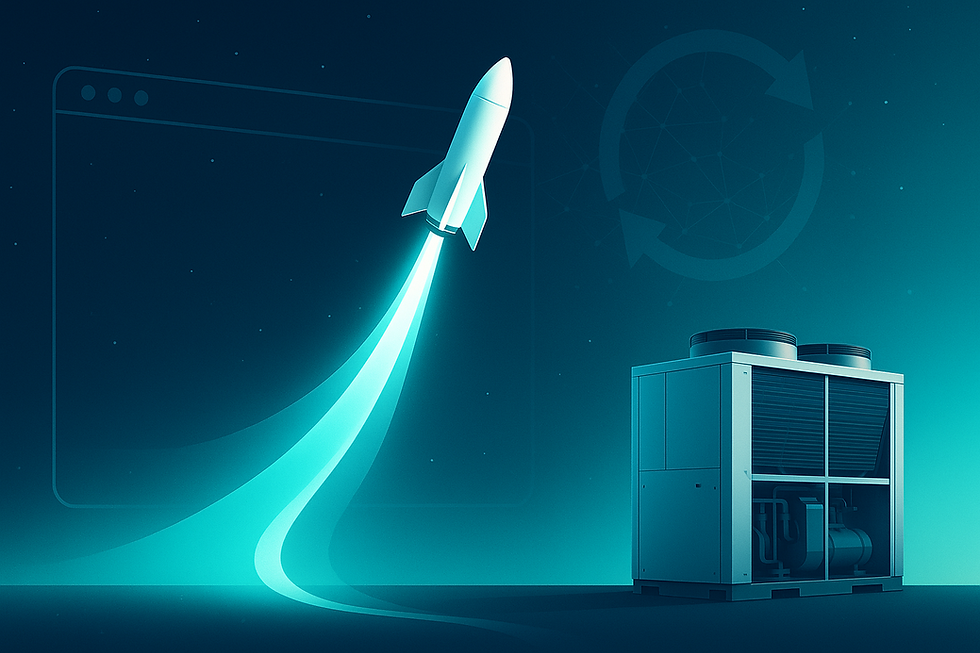 A rocket launching from an industrial chiller, symbolizing the launch of EUCOS Cooling as a Service web platform and the revolution in the HVAC industry