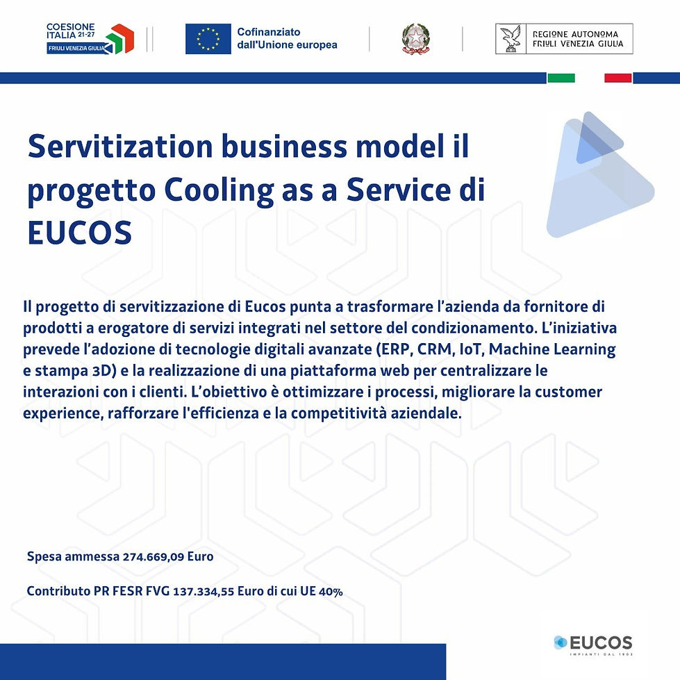 EUCOS social media card for the "Cooling as a Service" project. The image displays the title of the servitization project funded by the ERDF Regional Program (PR FESR) 2021-2027 of the FVG Region, featuring the logos of Cohesion Italy 21-27, the European Union, and the Friuli Venezia Giulia Autonomous Region.