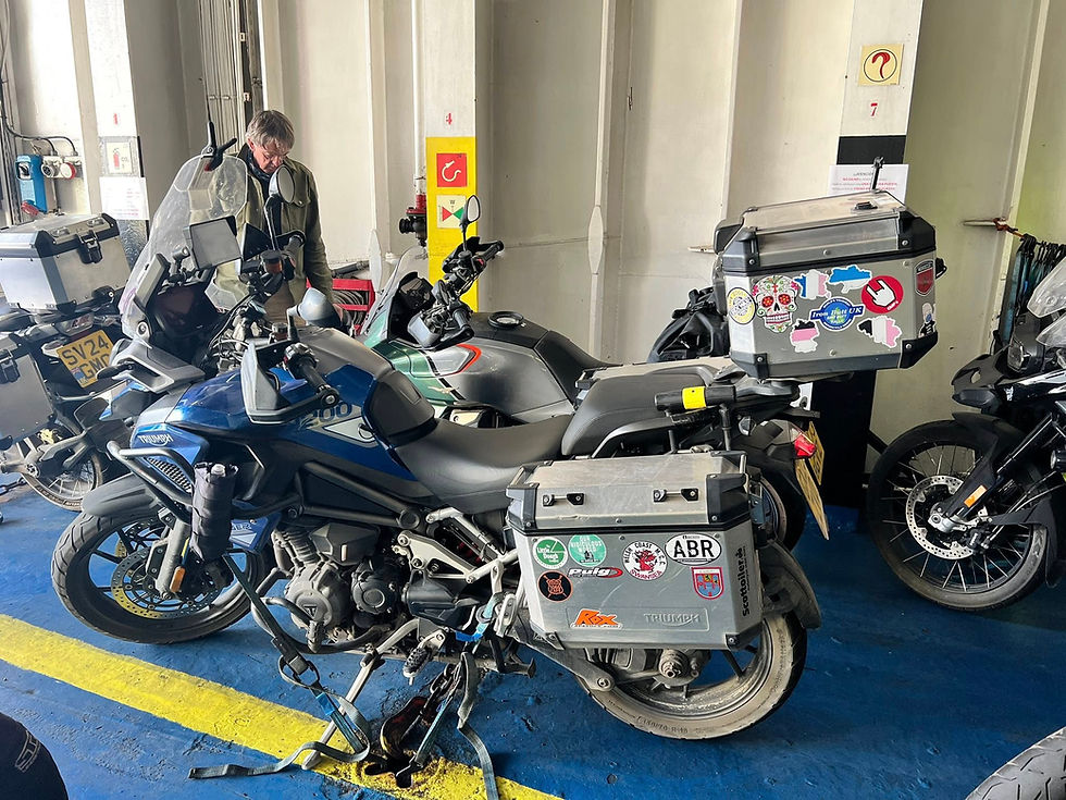 Wide angle view of motorcycles lined up at Tangier Med port ready for ferry boarding