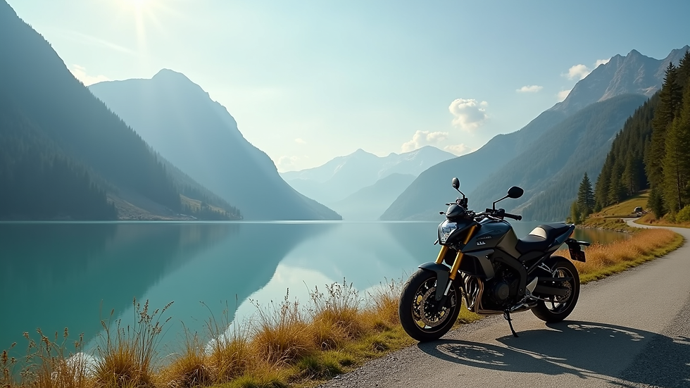 High angle view of a motorbike parked beside an alpine lake with mountains in the background