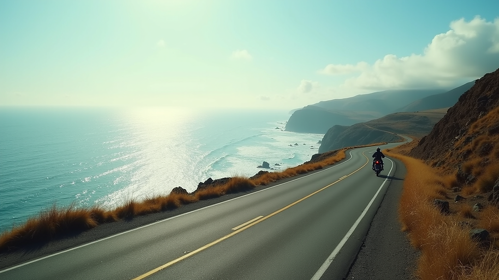 Wide angle view of a coastal road winding along the ocean with a motorbike in the distance
