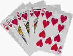 a stack of playing cards displaying hearts of Kings, Queens, Jacks, Aces and a ten