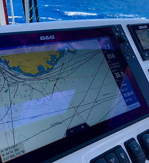 A chartplotter showing navigational information about a voyage.