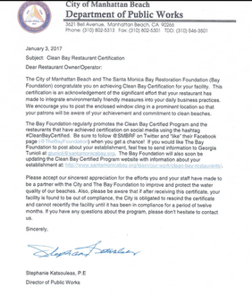 Awards & Accolades: Clean Bay Restaurant Certification