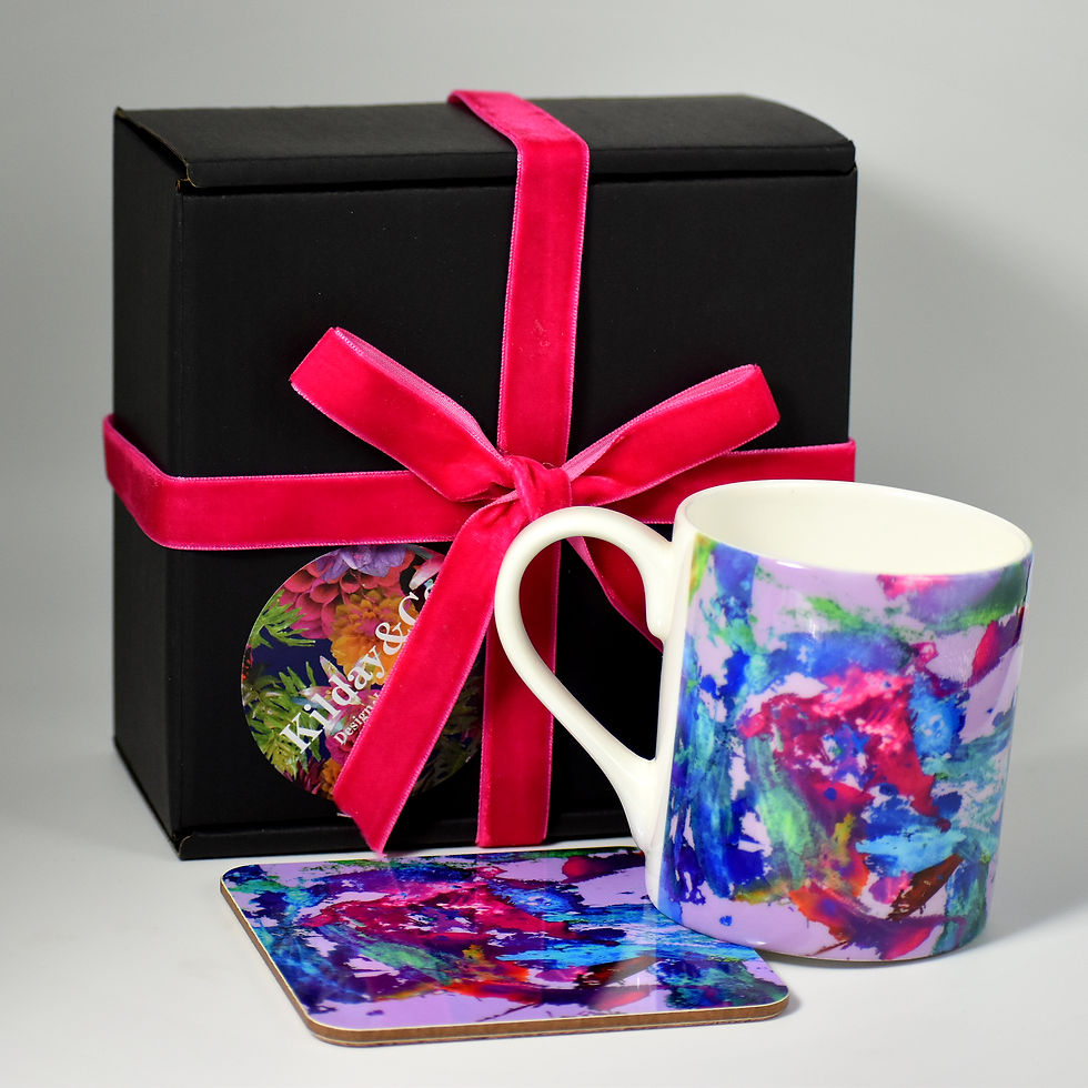 Thumbnail: Purple Abstract Bone china mug with matching coaster gift set