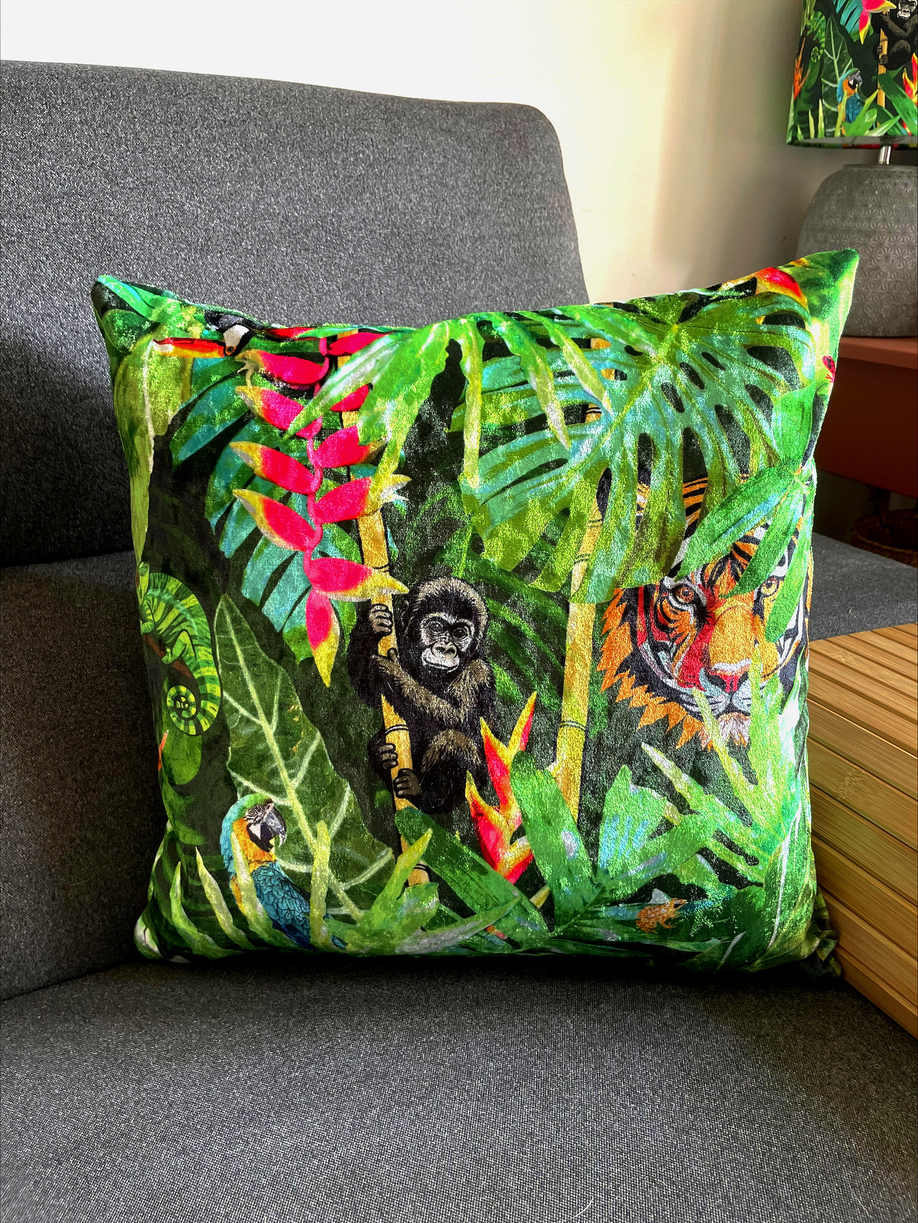 Into The Rainforest | Green Animal Leaf Tropical Jungle Velvet Cushion