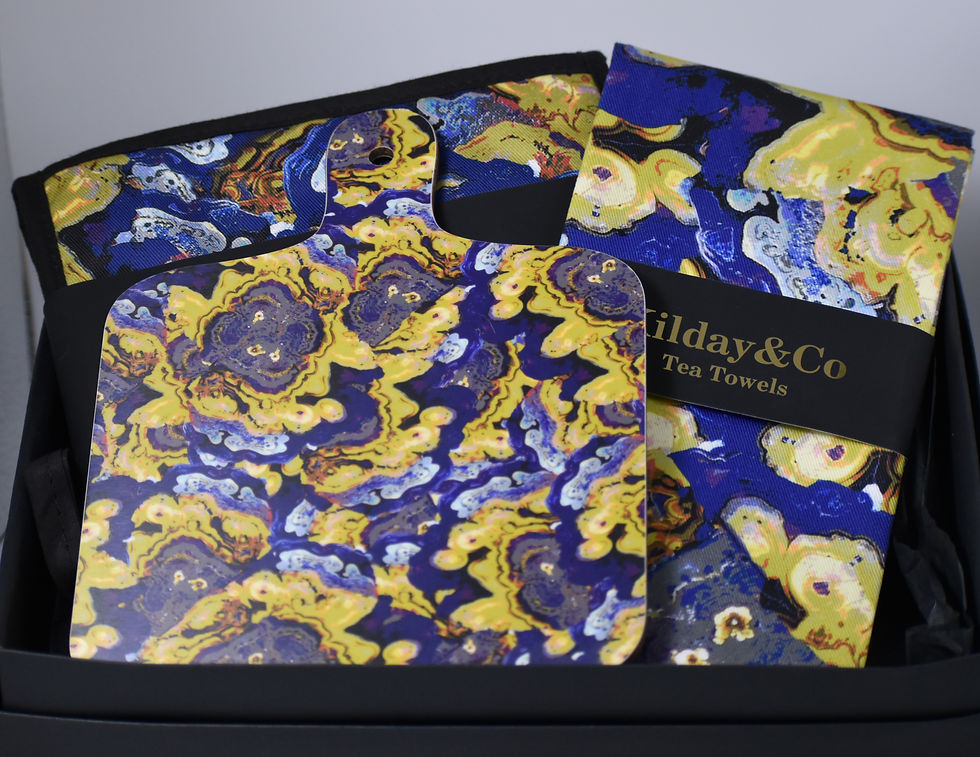 Thumbnail: Blue Oven glove, cotton tea towel with hanging hook and lightweight mini chopping board kitchen bundle
