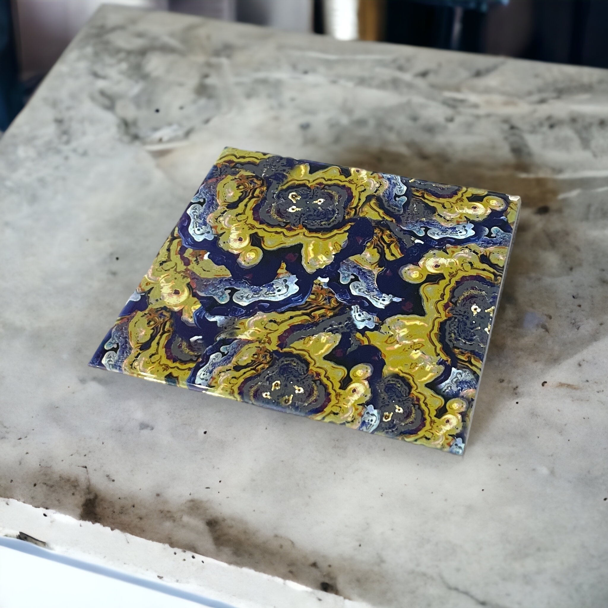 Mineral Kitchen Tile | Abstract Blue & Yellow Ceramic Tea Pot Stand & Spoon Rest