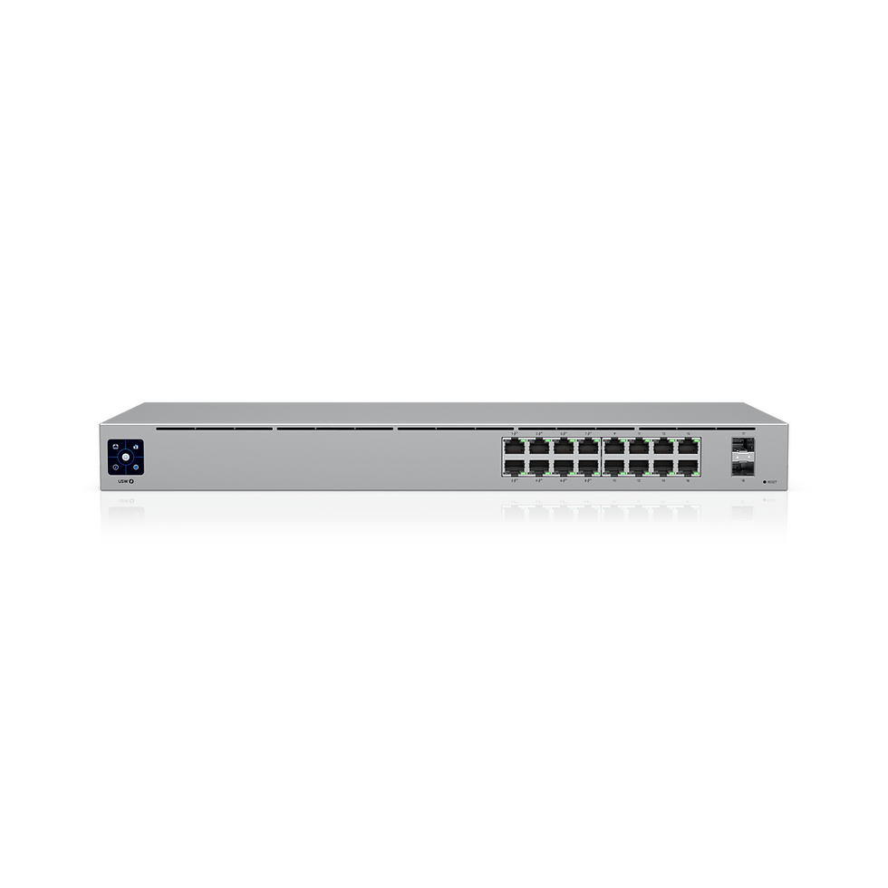 Ubiquiti UniFi USW-16-POE Gen2 switch with 16 ports.
