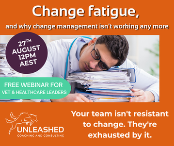 Orange webinar promo of tired man asleep on paperwork; text reads Change fatigue and Free webinar for vet & healthcare leaders.