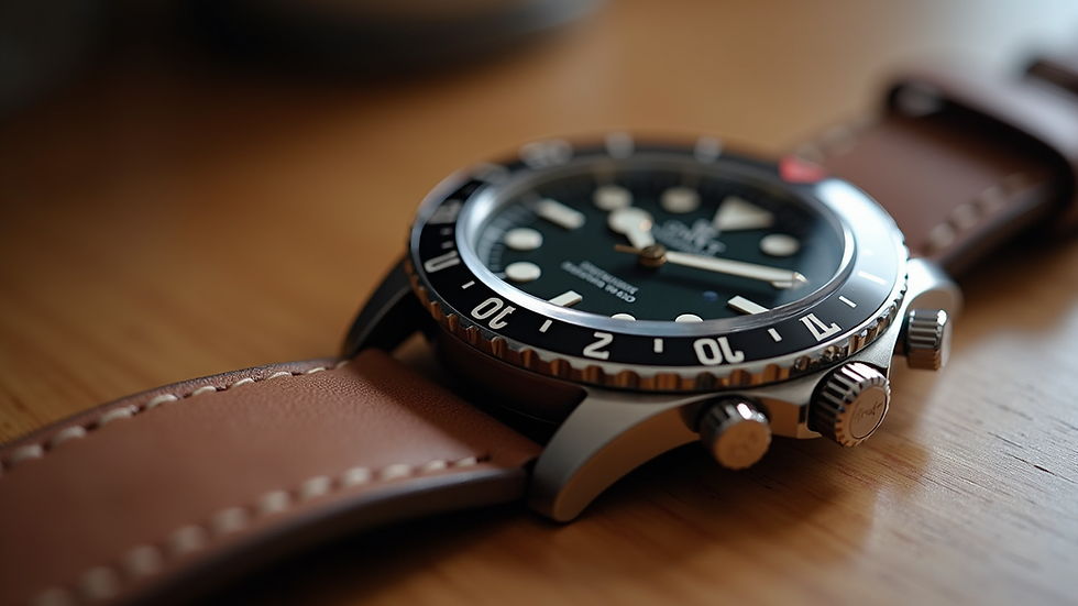 Close-up view of a GMT watch with a leather strap on a wooden surface