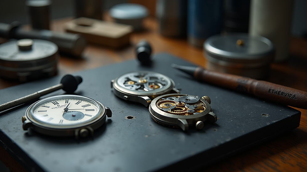 Eye-level view of a watchmaker’s bench with tools and watch parts