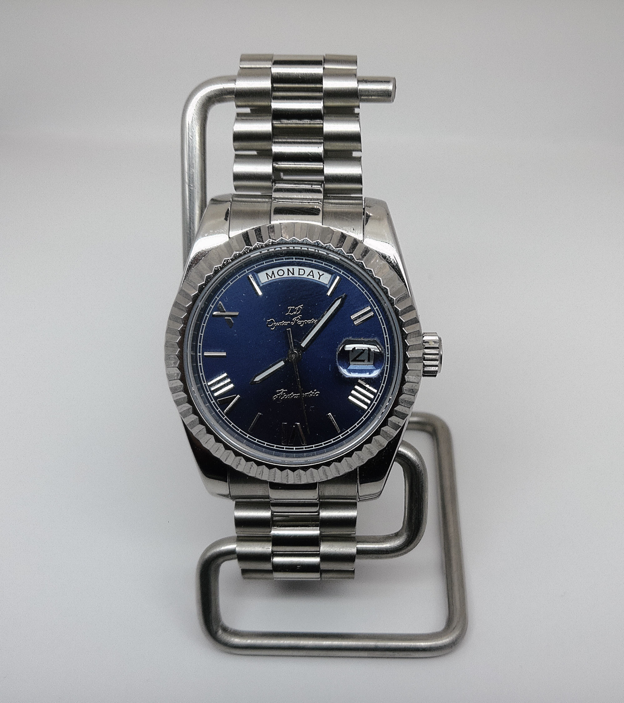 Llamedos watch day and date royal blue in a stainless steel silver case and jubilee bracelet from | llamedoswatchdesign.com