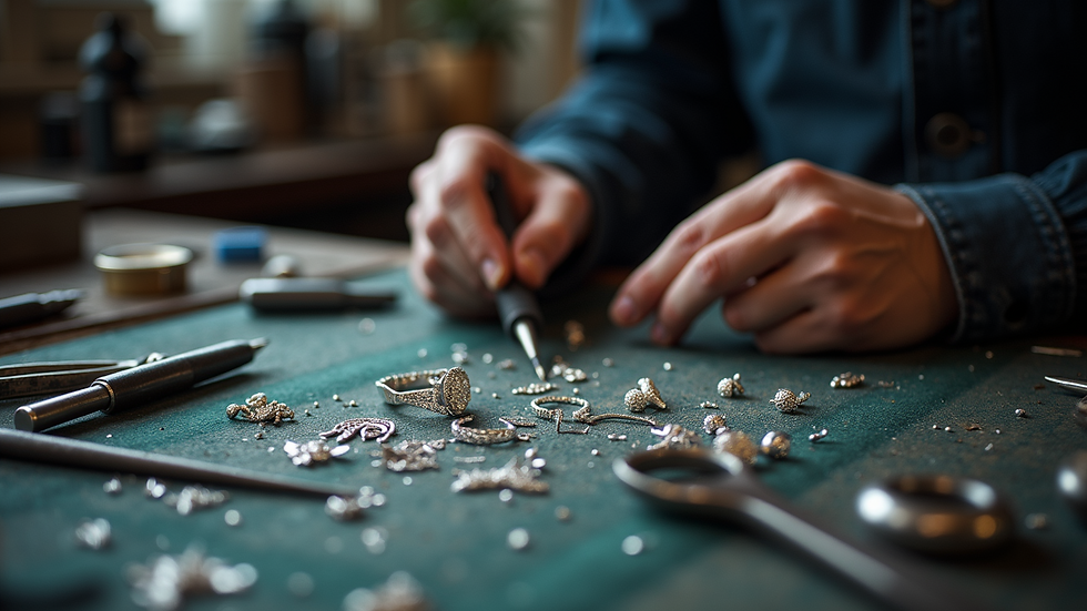 Eye-level view of a jeweller’s workbench with silver jewellery pieces and tools