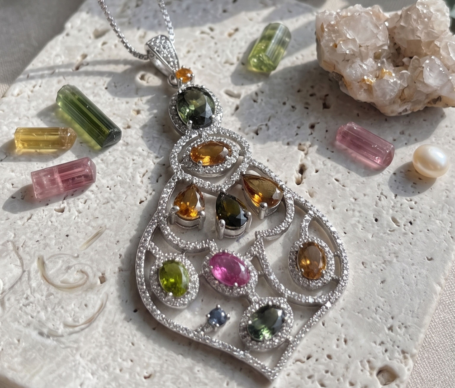 .925 Sterling Silver Multi-coloured Tourmaline Pendant