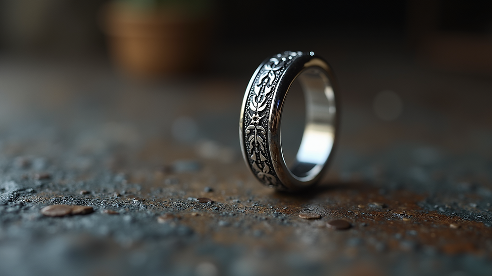 Close-up view of a sterling silver ring with intricate design