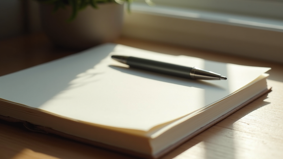 Close-up view of a journal and pen on a wooden desk with soft natural light
