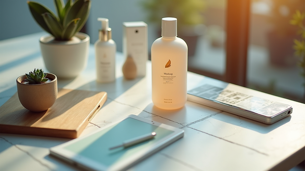 High angle view of a futuristic workspace with wellness products and digital devices