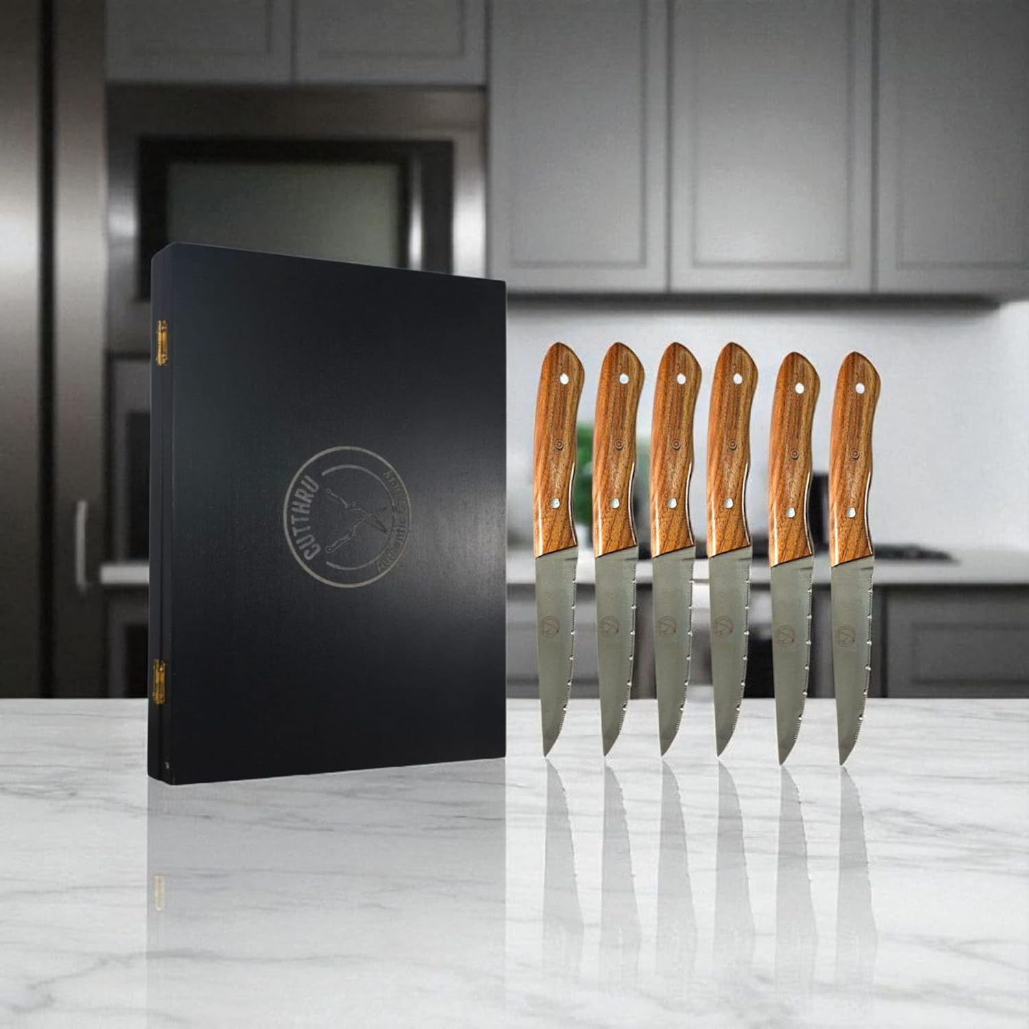 CUTTHRU Set of 6 Steak Knives Presented in a Luxurious Wooden Case