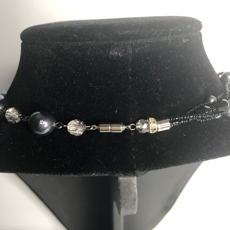 Thumbnail: Lariat style necklace with A/B crystals and black FWP coin pearls