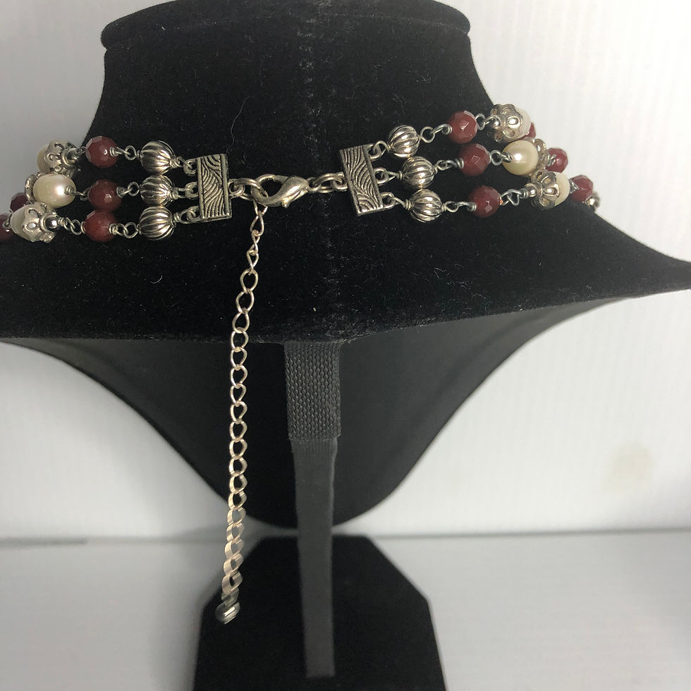 Thumbnail: Triple strand Carnelian and pearl necklace with silver flower detail