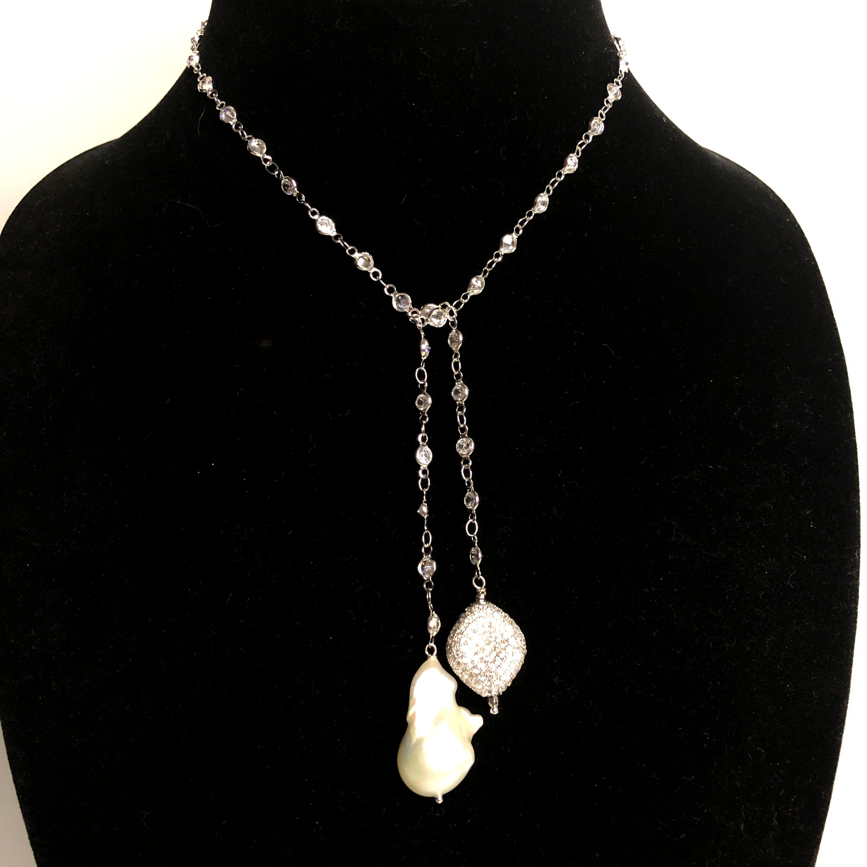 Diamond chain "Y" drop with white Freshwater pearl oval drop