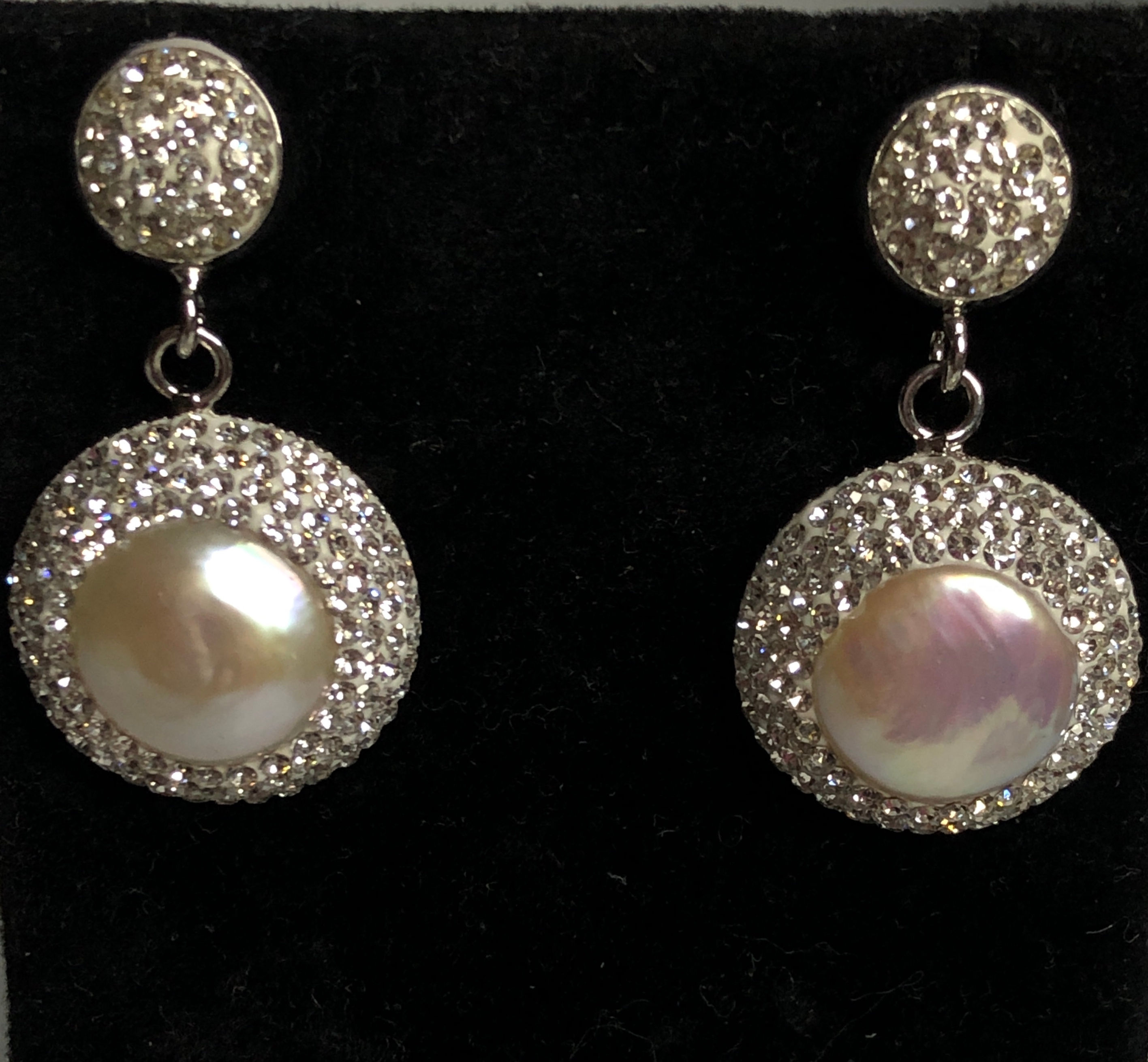 Round white FWP Earrings surrounded by Swarovski crystals